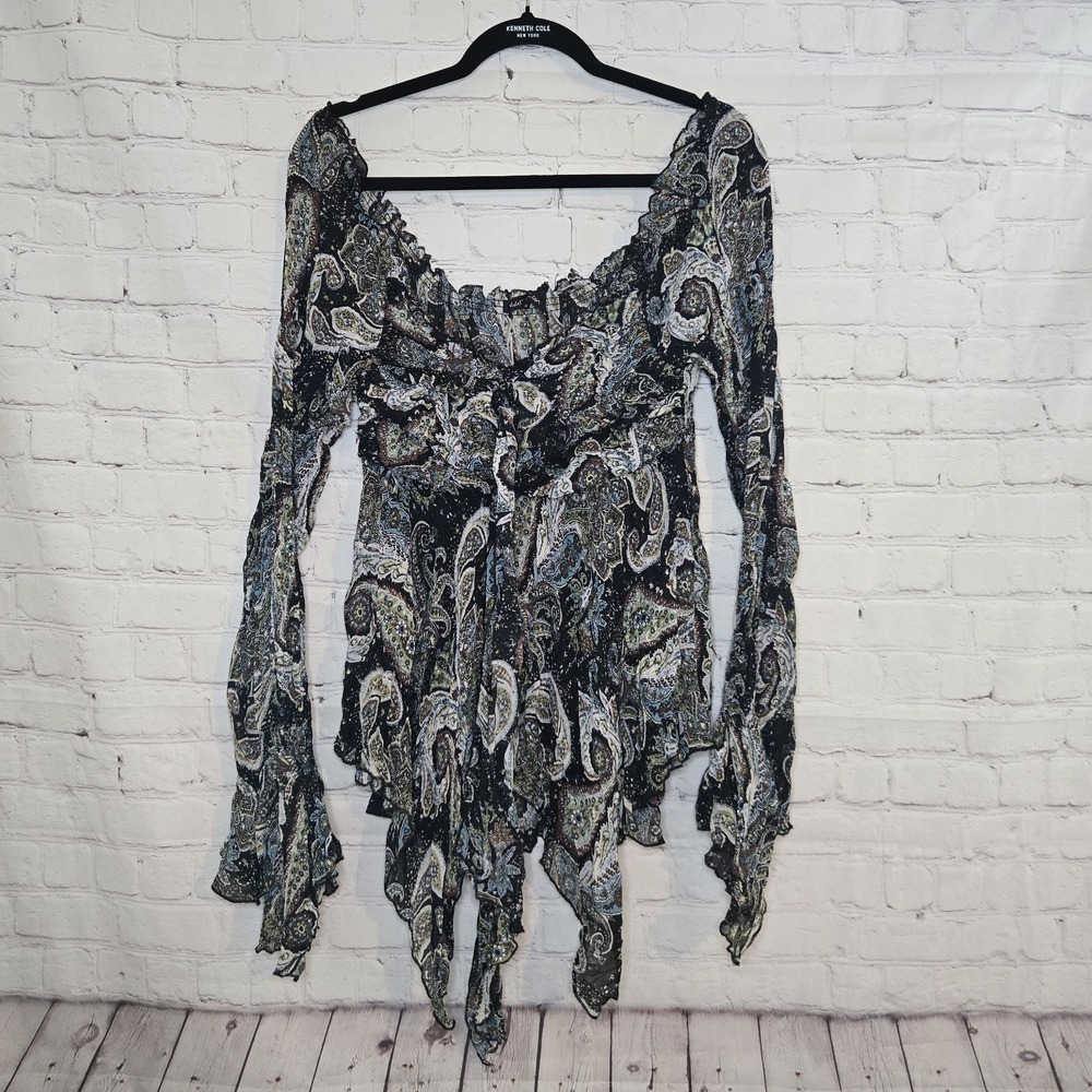 Y2k fairy milkmaid sheer bell sleeve handkerchief hem paisley top XL